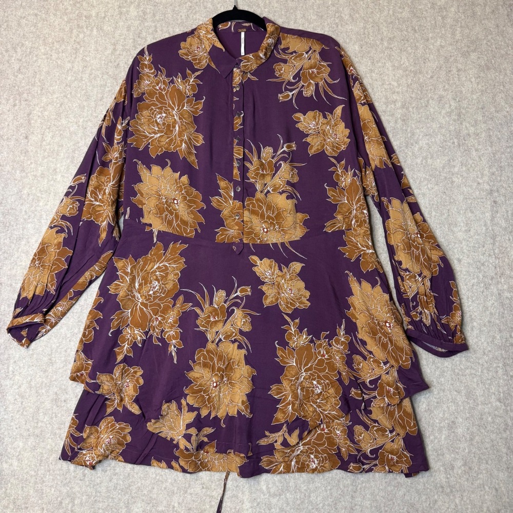 Free People Floral Tiered Tunic Dress Womens Small Purple Boho Long Sleeve Mini